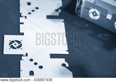 The Sample Parts Of Sheet Metal Product   From Laser Cutting Process. The Sample Part Of Power Suppl