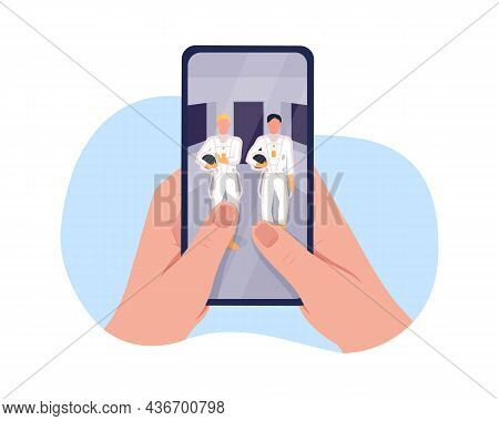 Watch Cosmonauts On Smartphone 2d Vector Isolated Illustration. Astronaut Crew On Display. Holding M