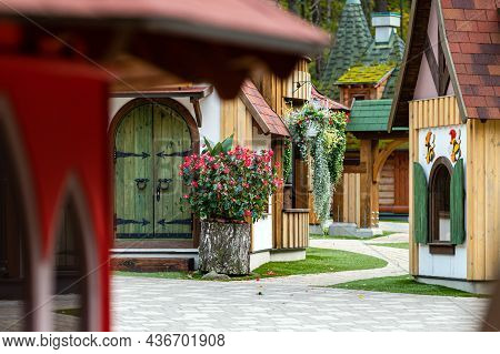 Gnome Village In Attraction Park, Tiny Dwarf Houses With Colorful Facades, Tervete, Latvia