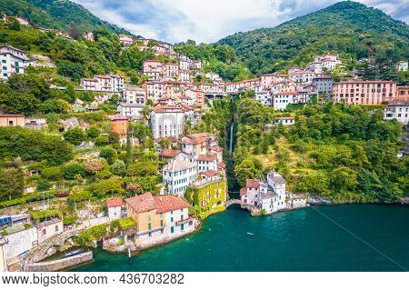 Town Of Nesso Historic Lakefront Aerial View, Como Lake, Lombardy Region Of Italy