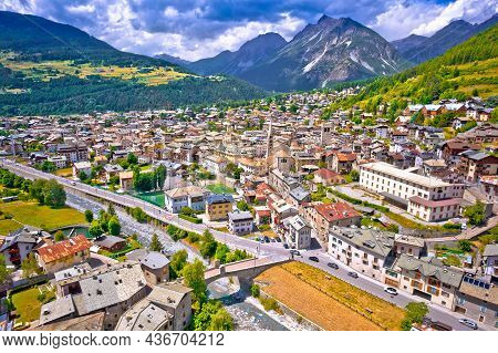Town Of Bormio In Dolomites Alps Aerial View, Province Of Sondrio, Lombardy Region Of Italy