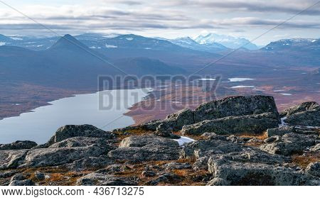 Epic View Of Vast Arctic Landscape Of Stora Sjofallet National Park, Sweden, On Autumn Day. Remote M