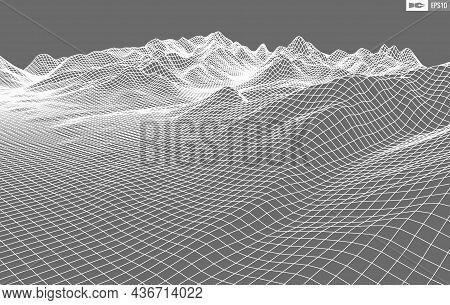 Wireframe Landscape On White Background. Abstract Geometric Vector Technology Background. 3d Vector 