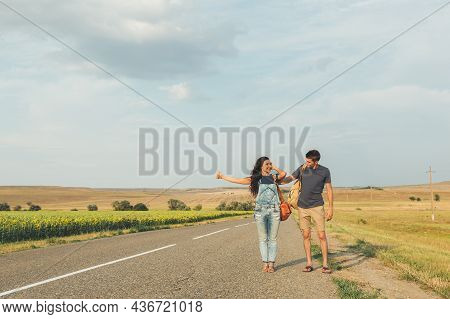 Hitchhiking. Thumb Up. Concept - Adventure, Free, Freedom Free Space For Text