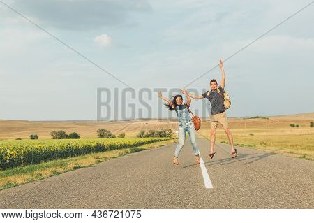 Hitchhiking. Thumb Up. Concept - Adventure, Free, Freedom Free Space For Text