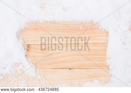 Winter Wood. Christmas Board With Old Rustic Wall, White Frozen Snow . Winter Wooden Texture Backgro