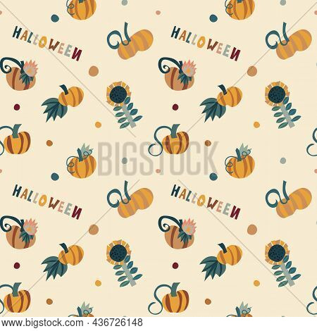 Seamless Vector Pattern In Autumn Boho Colors With Halloween Elements Such As Pumpkins And Sunflower