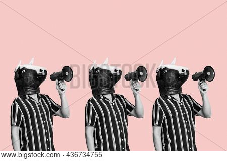 three men wearing cow masks speaking into megaphones, in black and white, against a pink background
