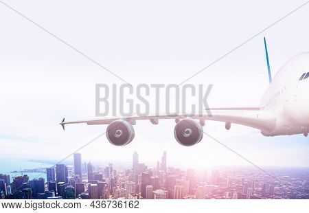 Wing Of Big Jet Airplane Fly Over Chicago Downtown