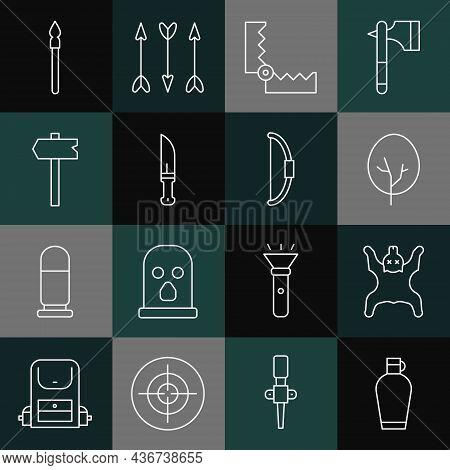 Set Line Canteen Water Bottle, Bear Skin, Tree, Trap Hunting, Hunter Knife, Road Traffic Sign, Medie