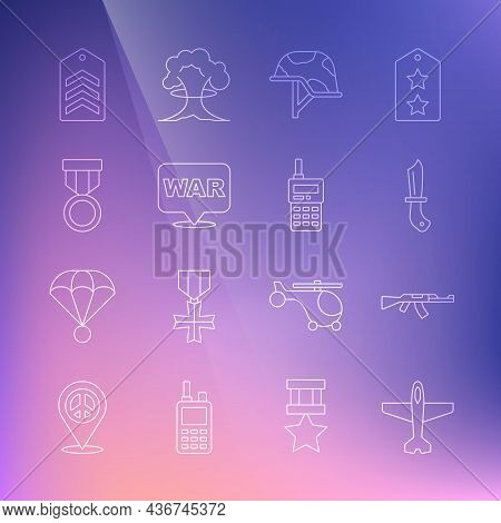Set Line Plane, Submachine Gun, Military Knife, Helmet, The Word War, Reward Medal, Chevron And Walk