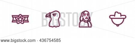 Set Line Star American Military, Benjamin Franklin, Eagle Head And Western Cowboy Hat Icon. Vector