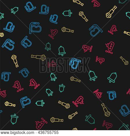 Set Line Diving Mask And Snorkel, Ship Bell, Spyglass Telescope Lens And Submarine On Seamless Patte