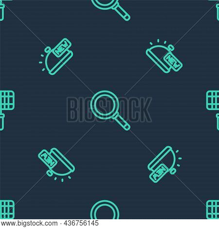 Set Line Frying Pan, Covered With Tray Of Food And Barbecue Steel Grid On Seamless Pattern. Vector