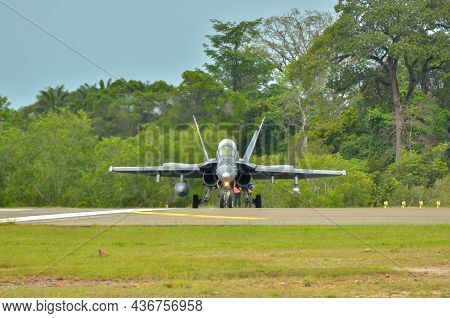 Labuan,malaysia-sept 14,2021:royal Malaysia Air Force Boeing Fa-18 Hornet Fighter Jet Taxiing To The