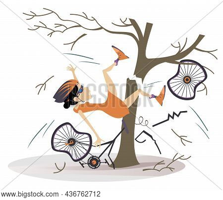 Cyclist Woman Smashed Into A Tree Isolated Illustration.
Young Woman Smashed Into A Tree And Falls D