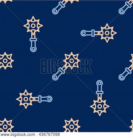 Line Medieval Chained Mace Ball Icon Isolated Seamless Pattern On Blue Background. Morgenstern Medie