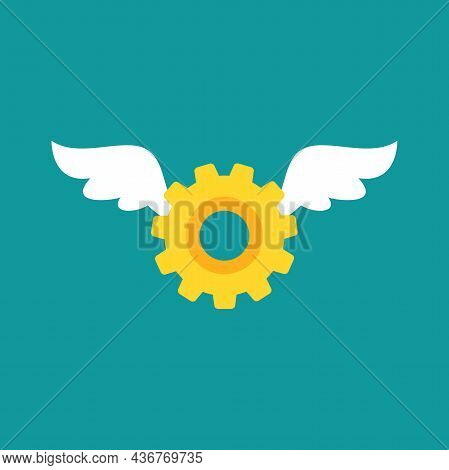 Golden Gear With Wings Icon Isolated On Blue Background. Super Technology, Great Sulution Pinion Con