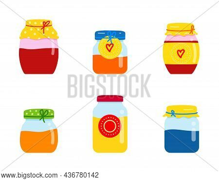 Glass Jar With Homemade Jam. Fruit Orange, Red, Yellow And Blue Jam. Strawberry, Peach And Banana Ja
