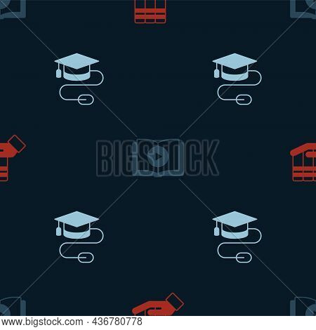 Set Book Donation, Audio Book And Graduation Cap With Mouse On Seamless Pattern. Vector
