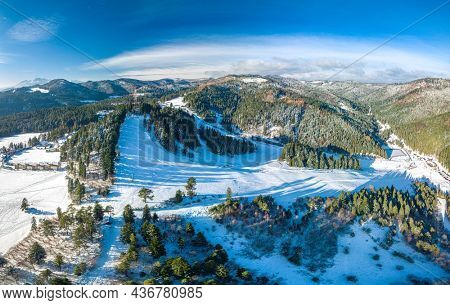 Panoramic aerial winter view of the ski center Vysne Ruzbachy, north Slovakia
