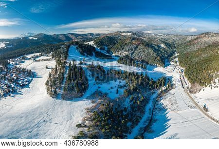 Panoramic aerial winter view of the ski center Vysne Ruzbachy, north Slovakia