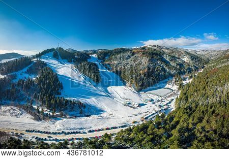 Panoramic aerial winter view of the ski center Vysne Ruzbachy, north Slovakia