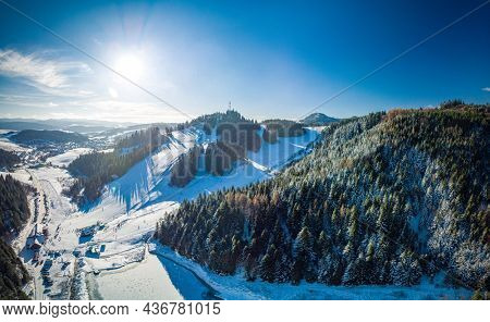 Panoramic aerial winter view of the ski center Vysne Ruzbachy, north Slovakia