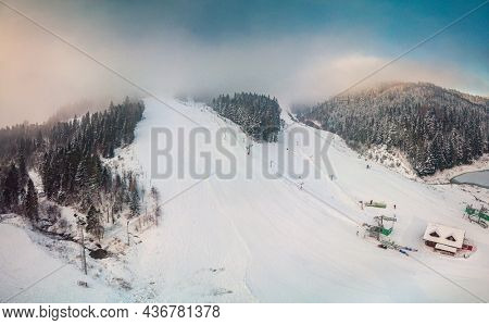 Panoramic aerial winter view of the ski center Vysne Ruzbachy, north Slovakia