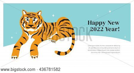 Tiger Lying On White Background. Happy New 2022 Year Greeting Card, Flyer, Banner. Design Layout Tem