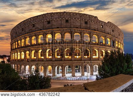 Beautiful View On Colosseum At Sunset, Rome, Italy.