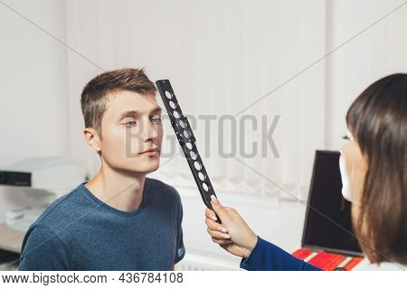 Ophthalmologist Examines Patient's Eyes. Hospital, Clinic, Medical Examination. Vision Tests At Hosp
