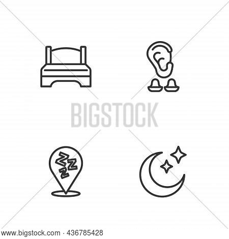 Set Line Moon And Stars, Sleepy, Big Bed And Earplugs Ear Icon. Vector