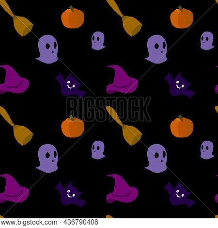 Seamless Pattern With Fun Elementl. Flat Image. Halloween Decor. Wrapping Paper.