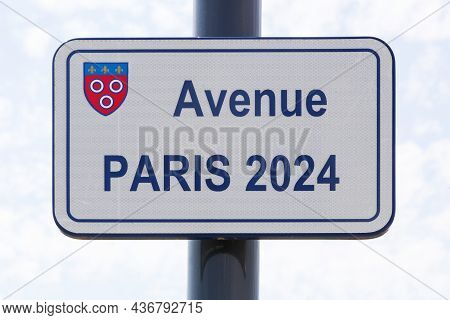 Macon, France - June 3, 2021: Avenue Paris 2024 Signboard In Macon, France