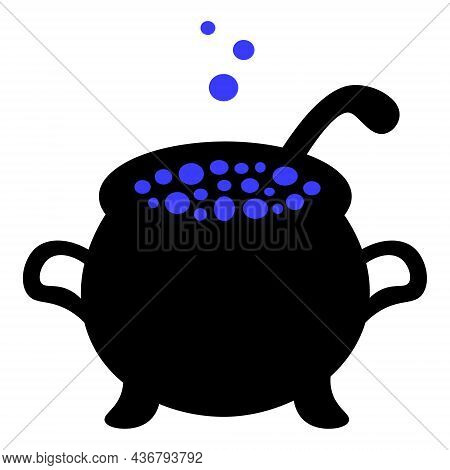 Cauldron Of Boiling Potion. Silhouette. Bubbles Of Blue Are Flying Upwards. Vector Illustration. Iso