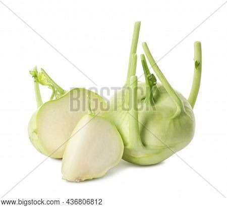 Whole And Cut Kohlrabi Plants On White Background