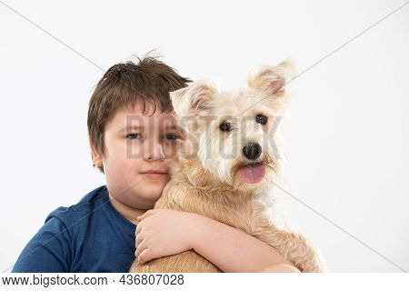 Young Boy Holds His Dog In His Arms. Subject Isolated From The Background.
