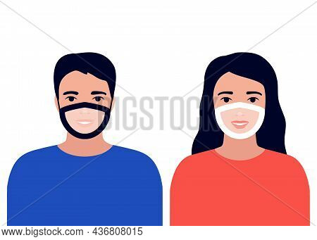 Face Mask With Transparent Window For Man And Woman. Focus On Eyes To Understand Lip Reading. Help H