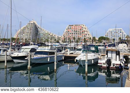 La Grande-motte, France - October 2, 2021: Modern Ziggurat Style Architecture Of Famous Centrally Pl