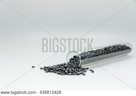 White Plastic Beads On Wood  Background, Polymers Bead Or Polymer Resin, Polymer Pallet, Product Fro