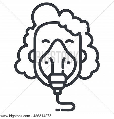 Black Linear Medical Icon Of A Woman In Respiratory Face Mask. Outline Symbol Of Flu Treatment.