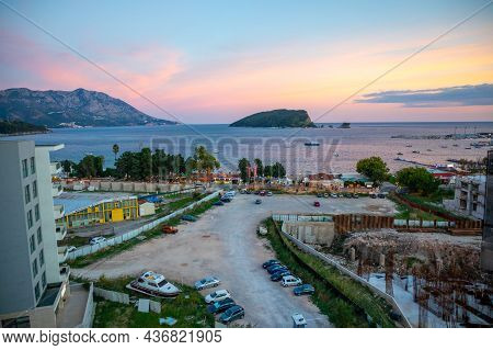 Budva, Montenegro - September 9, 2021: St. Nicholas Island At Sunrise Ligths In Budva, Montenegro