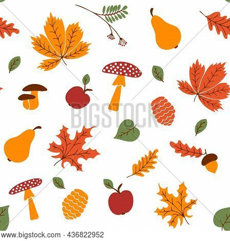 Autumn Pattern In Orange And Yellow Tones With Various Fall Items. Can Be Used For Backgrounds, Wall