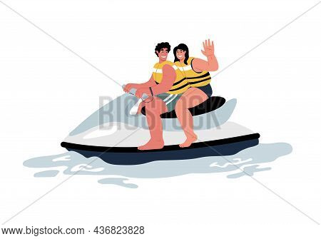 Active Vacation For Couple.man And Woman Sitting On Water Bike, Smilling, Waving.