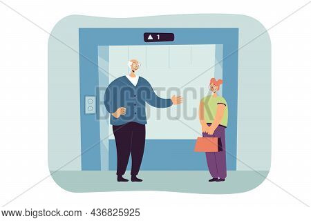 Good Manners Of Polite Elderly Man And Young Woman. People Greeting, Standing At Elevator Door Flat 