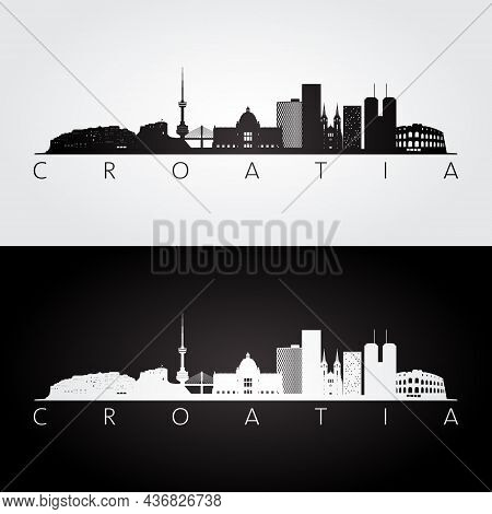 Croatia Skyline And Landmarks Silhouette, Black And White Design, Vector Illustration.