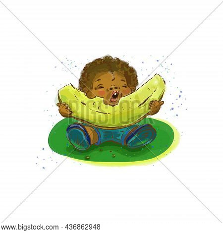 Illustration On A White Background Cute Baby Appetitively Eats A Melon