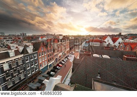 Amsterdam; Netherlands view of the cityscape from De Pijp at dusk.