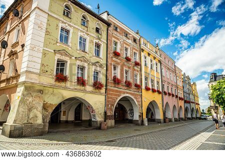 Jawor, Poland - August 08, 2021. Architecture Of Colored Buildings In Main Square